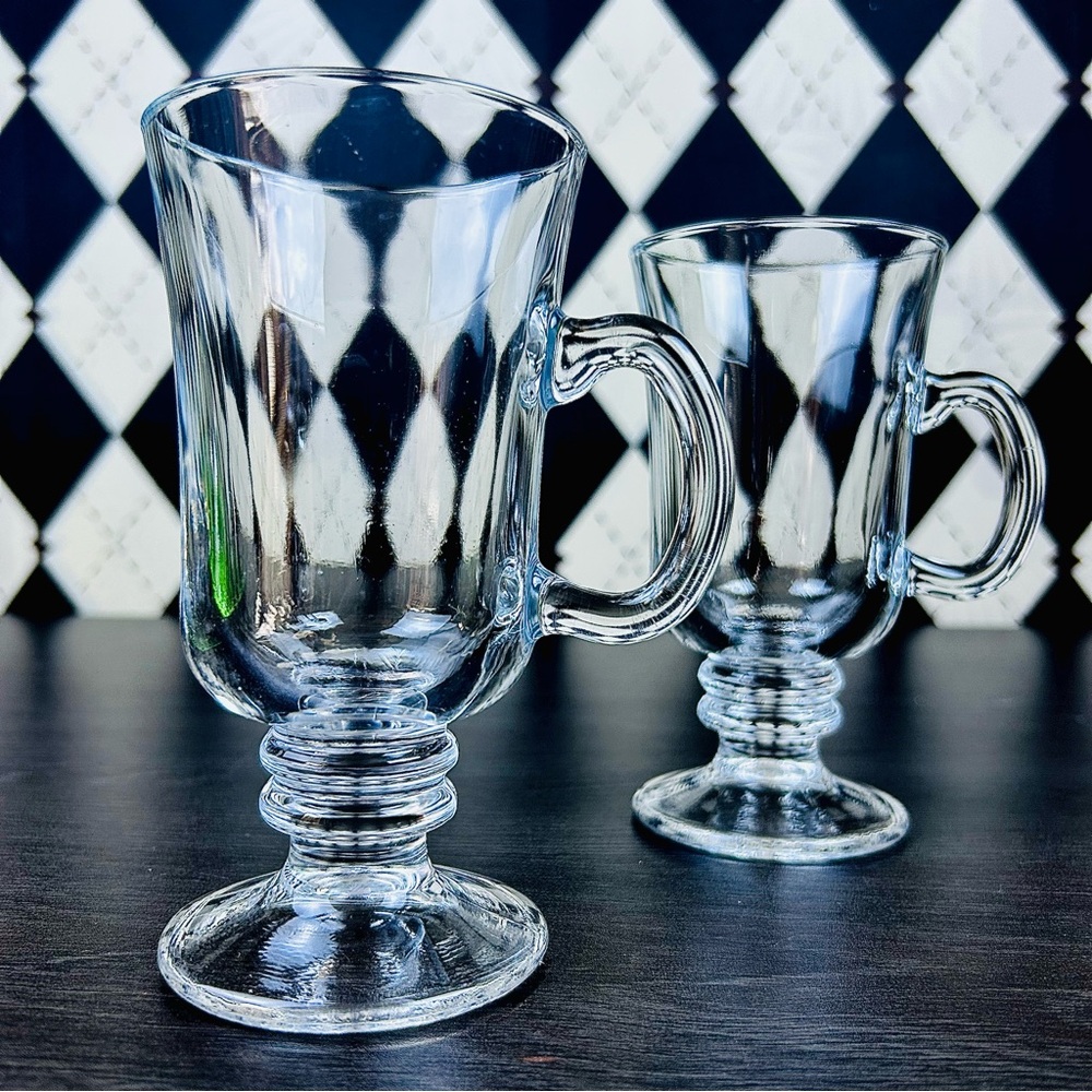 Pair Pedestal Glass Coffee Mugs with Faceted Body And Handle - Picture 9 of 9